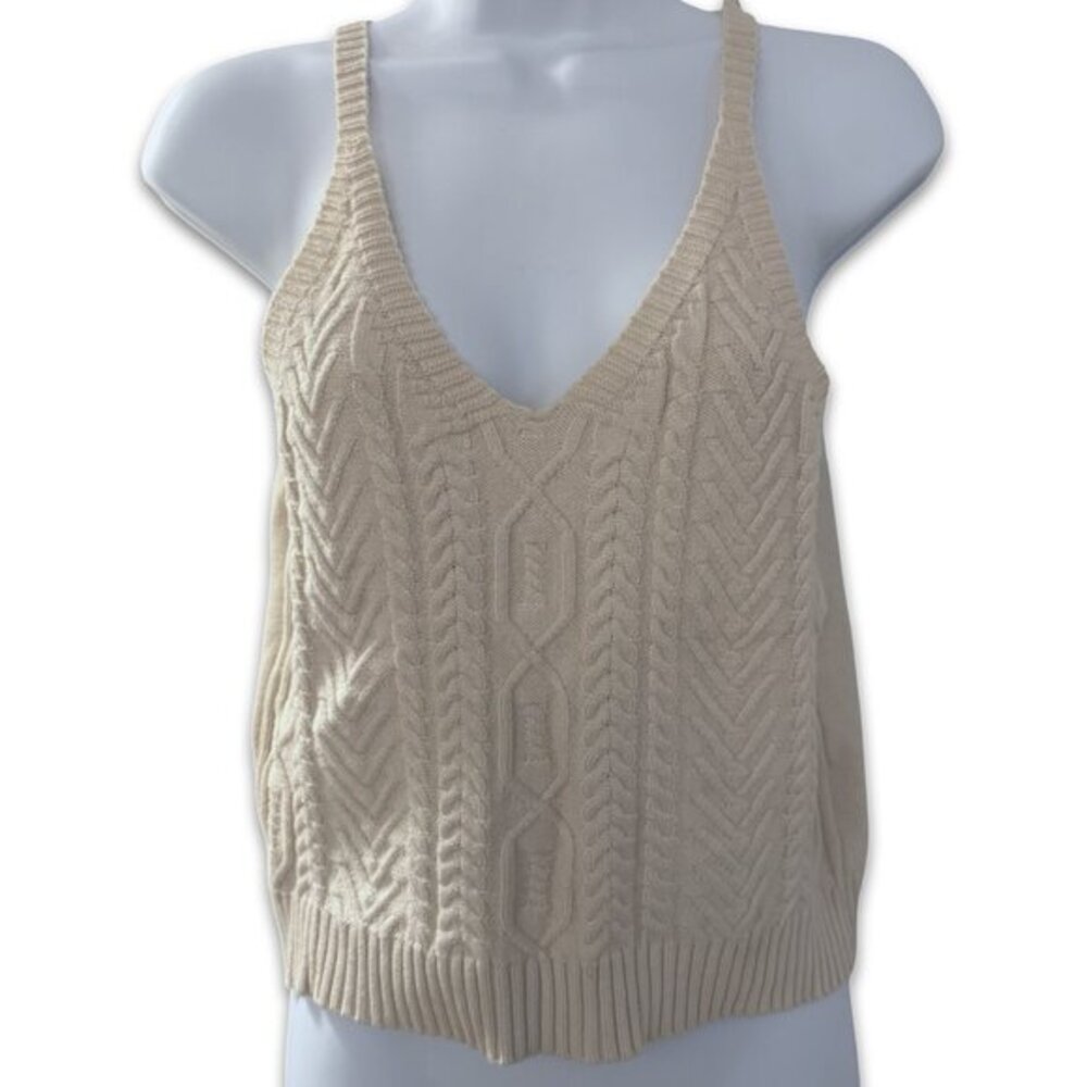 Oatmeal Colored Cable Knit V-Neck Sweater Tank Top - Size Medium